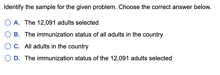 Identify the sample for the given problem. Choose the correct answer below.
A. The 12,091 adults selected
B. The immunization status of all adults in the country
C. All adults in the country
D. The immunization status of the 12,091 adults selected
