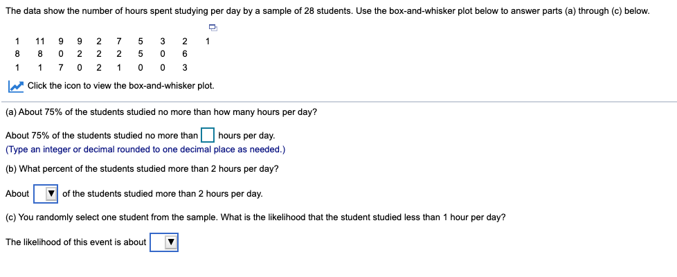 The data show the number of hours spent studying per day by a sample of 28 students. Use the box-and-whisker plot below to answer parts (a) through (c) below.
9 9
O 2 2 2
1
1
11
2 7
3
1
8
8
7 0 2
1
W Click the icon to view the box-and-whisker plot.
(a) About 75% of the students studied no more than how many hours per day?
About 75% of the students studied no more than
hours per day.
(Type an integer or decimal rounded to one decimal place as needed.)
(b) What percent of the students studied more than 2 hours per day?
About
V of the students studied more than 2 hours per day.
(c) You randomly select one student from the sample. What is the likelihood that the student studied less than 1 hour per day?
The likelihood of this event is about
