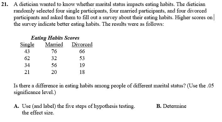 21. A dietician wanted to know whether marital status impacts eating habits. The dietician
randomly selected four single participants, four married participants, and four divorced
participants and asked them to fill out a survey about their eating habits. Higher scores on|
the survey indicate better eating habits. The results were as follows:
Eating Habits Scores
Single
Married Divorced
43
76
66
62
32
53
34
56
19
21
20
18
Is there a difference in eating habits among people of different marital status? (Use the .05
significance level.)
A. Use (and label) the five steps of hypothesis testing.
the effect size.
B. Determine
