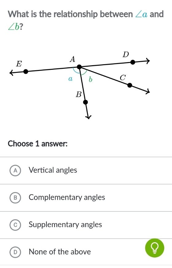 What is the relationship between Za and
Zb?
D
A
E
a
C
В
Choose 1 answer:
A Vertical angles
B
Complementary angles
Supplementary angles
D
None of the above
