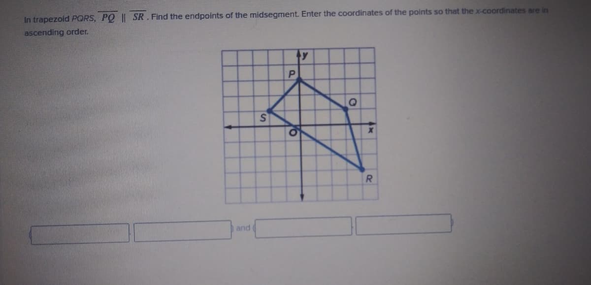 In trapezoid PORS, PQ || SR. Find the endpoints of the midsegment. Enter the coordinates of the points so that the x-coordinates are in
ascending order.
ty
and
P.
