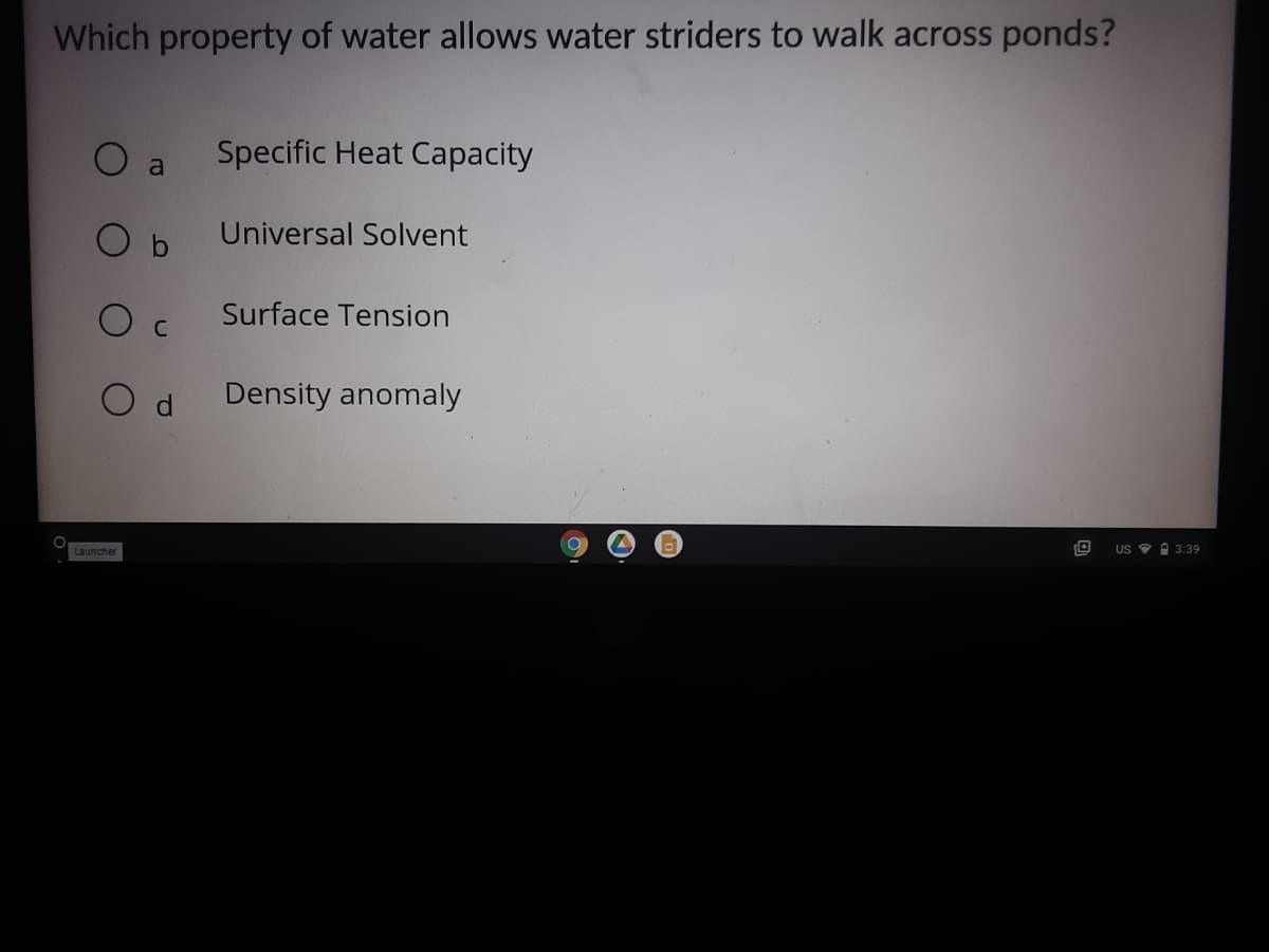Which property of water allows water striders to walk across ponds?
O a
Specific Heat Capacity
Universal Solvent
Surface Tension
C
O d
Density anomaly
Launcher
US V 1 3:39
