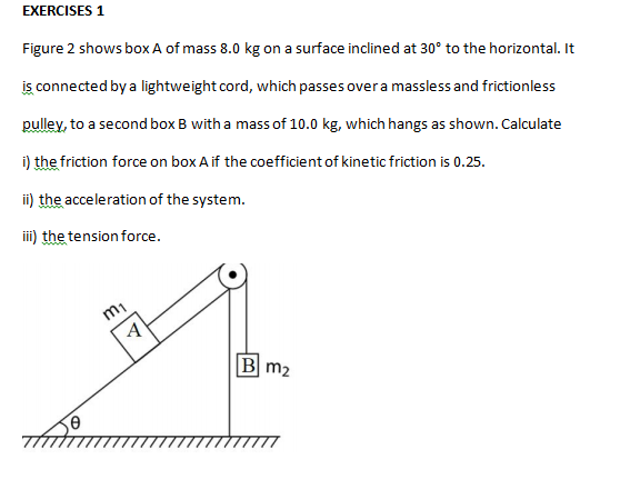 EXERCISES 1
Figure 2 shows box A of mass 8.0 kg on a surface inclined at 30° to the horizontal. It
is connected by a lightweight cord, which passes overa massless and frictionless
pulley, to a second box B with a mass of 10.0 kg, which hangs as shown. Calculate
i) the friction force on box A if the coefficient of kinetic friction is 0.25.
ii) the acceleration of the system.
iii) the tension force.
mi
B m2
