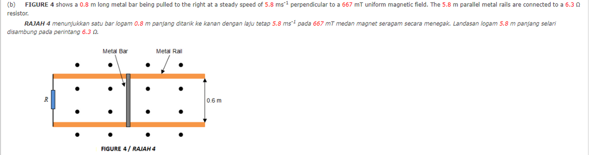 (b)
FIGURE 4 shows a 0.8 m long metal bar being pulled to the right at a steady speed of 5.8 ms1 perpendicular to a 667 mT uniform magnetic field. The 5.8 m parallel metal rails are connected to a 6.3 0
resistor.
RAJAH 4 menunjukkan satu bar logam 0.8 m panjang ditarik ke kanan dengan laju tetap 5.8 ms1 pada 667 mT medan magnet seragam secara menegak. Landasan logam 5.8 m panjang selari
disambung pada perintang 6.3 0.
Metal Bar
Metal Rail
0.6 m
FIGURE 4/ RAJAH 4
