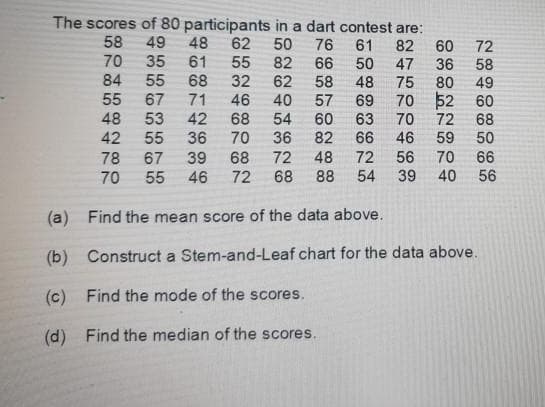 The scores of 80 participants in a dart contest are:
58
49
48
61
68
71
42
36
62
50
82
76
61
50
82
60
36
80
70 52 60
72
58
70
35
55
66
47
84
55
32
46
68
70
62
58
48
75
49
67
48 53
55
57
60
82
40
69
54
63
66
70
72
68
42
55
36
46
59
50
78
67
39
68
72
48
72
56
70
66
70
55
46
72
68
88
54
39
40
56
(a) Find the mean score of the data above.
(b) Construct a Stem-and-Leaf chart for the data above.
(c) Find the mode of the scores.
(d) Find the median of the scores.
