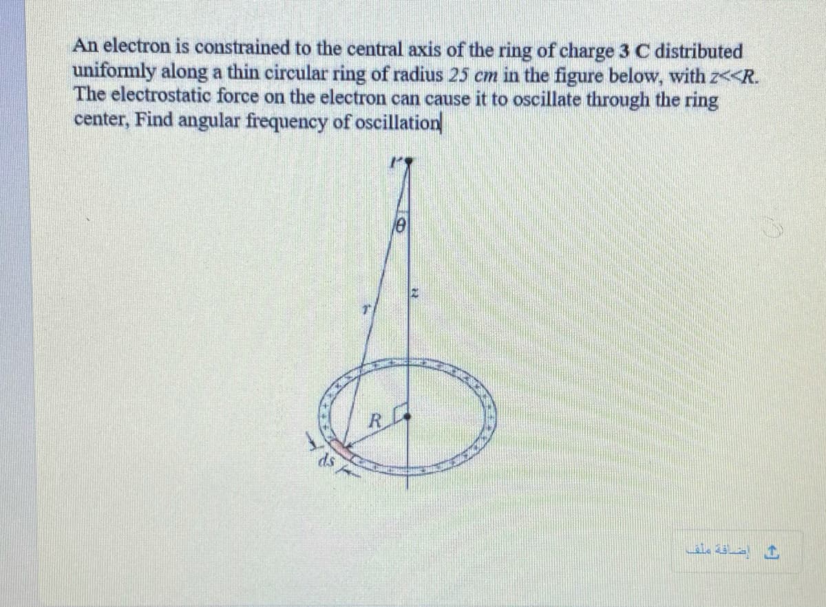 An electron is constrained to the central axis of the ring of charge 3 C distributed
uniformly along a thin circular ring of radius 25 cm in the figure below, with z<<R.
The electrostatic force on the electron can cause it to oscillate through the ring
center, Find angular frequency of oscillation
R
