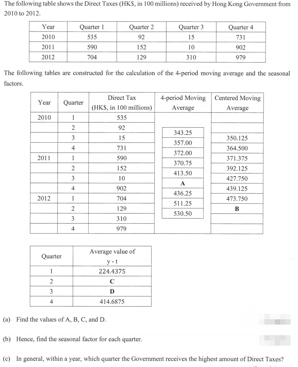 The following table shows the Direct Taxes (HK$, in 100 millions) received by Hong Kong Government from
2010 to 2012.
Year
Quarter 1
Quarter 2
Quarter 3
Quarter 4
2010
535
92
15
731
2011
590
152
10
902
2012
704
129
310
979
The following tables are constructed for the calculation of the 4-period moving average and the seasonal
factors.
Direct Tax
4-period Moving
Centered Moving
Year
Quarter
(HK$, in 100 millions)
Average
Average
2010
1
535
92
343.25
3
15
350.125
357.00
4
731
364.500
372.00
2011
1
590
371.375
370.75
2
152
392.125
413.50
10
427.750
A
4
902
439.125
436.25
2012
1
704
473.750
511.25
129
В
530.50
3
310
4
979
Average value of
Quarter
У -t
1
224.4375
2
C
3
D
414.6875
(a) Find the values of A, B, C, and D.
(b) Hence, find the seasonal factor for each quarter.
(c) In general, within a year, which quarter the Government receives the highest amount of Direct Taxes?
