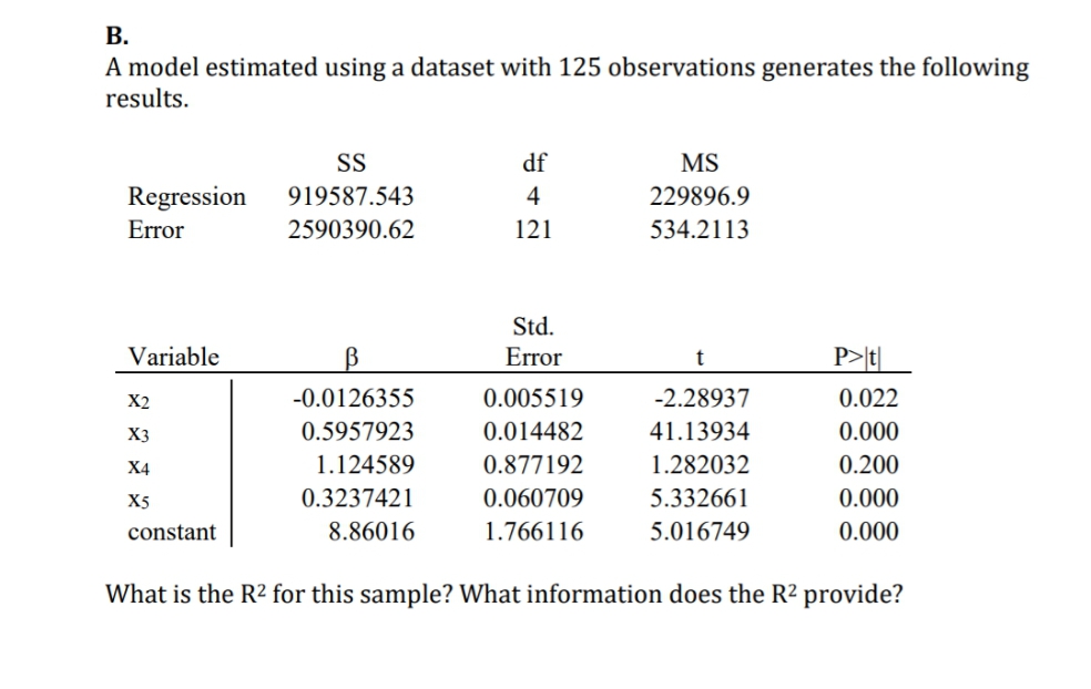 В.
A model estimated using a dataset with 125 observations generates the following
results.
SS
df
MS
Regression
919587.543
4
229896.9
Error
2590390.62
121
534.2113
Std.
Variable
B
Error
t
P>lt|
X2
-0.0126355
0.005519
-2.28937
0.022
X3
0.5957923
0.014482
41.13934
0.000
Х4
1.124589
0.877192
1.282032
0.200
X5
0.3237421
0.060709
5.332661
0.000
constant
8.86016
1.766116
5.016749
0.000
What is the R2 for this sample? What information does the R² provide?
