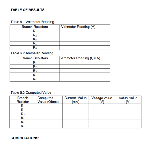 TABLE OF RESULTS
Table 6.1 Voltmeter Reading
Branch Resistors
Voltmeter Reading (V)
R1
R2
R3
R4
Rs
Table 6.2 Ammeter Reading
Branch Resistors
Ammeter Reading (I, mA)
RI
R2
R3
R4
Rs
Table 6.3 Computed Value
Computed
Value (Ohms)
Voltage value
(V)
Branch
Current Value
Actual value
Resistor
R1
R2
R3
|(mA)
(V)
R4
Rs
RT
COMPUTATIONS:
