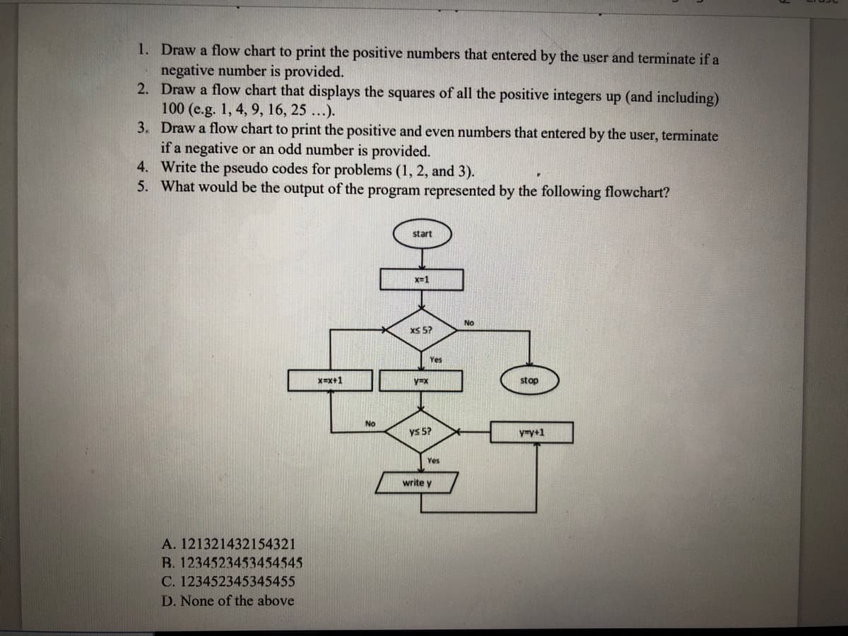 1. Draw a flow chart to print the positive numbers that entered by the user and terminate if a
negative number is provided.
2. Draw a flow chart that displays the squares of all the positive integers up (and including)
100 (e.g. 1, 4, 9, 16, 25 ...).
3. Draw a flow chart to print the positive and even numbers that entered by the user, terminate
if a negative or an odd number is provided.
4. Write the pseudo codes for problems (1, 2, and 3).
5. What would be the output of the program represented by the following flowchart?
start
x-1
No
XS 5?
Yes
x=x+1
y=x
stop
No
yS 5?
y=y+1
Yes
write y
A. 121321432154321
B. 1234523453454545
C. 123452345345455
D. None of the above
