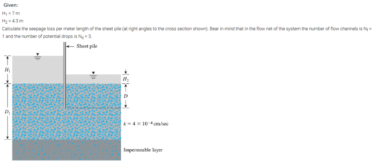 Given:
H1 = 7 m
H2 = 4.3 m
Calculate the seepage loss per meter length of the sheet pile (at right angles to the cross section shown). Bear in mind that in the flow net of the system the number of flow channels is Nf =
1 and the number of potential drops is Na = 3.
+ Sheet pile
H2
D
D
k = 4 x 10-4 cm/sec
Impermeable layer
