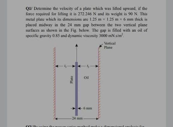 Q1/ Determine the velocity of a plate which was lifted upward, if the
force required for lifting it is 272.246 N and its weight is 90 N. This
metal plate which its dimensions are 1.25 m x 1.25 m x 6 mm thick is
placed midway in the 24 mm gap between the two vertical plane
surfaces as shown in the Fig. below. The gap is filled with an oil of
specific gravity 0.85 and dynamic viscosity 3000 mN.s/m.
Vertical
Plane
Oil
6 mm
24 mm
0/Ru ing the
arini maihod mukka n dimancional unul..iu Car
Plate
