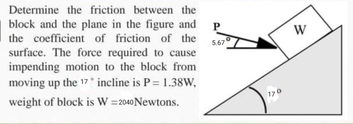 Determine the friction between the
block and the plane in the figure and
the coefficient of friction of the
surface. The force required to cause
5.67
impending motion to the block from
moving up the 17 ° incline is P = 1.38W,
%3D
weight of block is W =2040Newtons.
%3!
170
