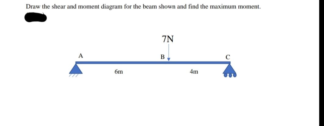 Draw the shear and moment diagram for the beam shown and find the maximum moment.
7N
A
B
C
6m
4m
