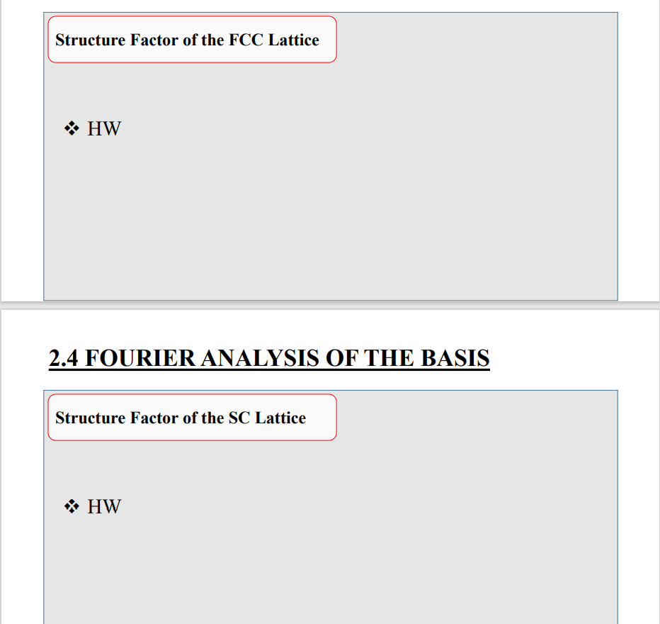 Structure Factor of the FCC Lattice
* HW
2.4 FOURIER ANALYSIS OF THE BASIS
Structure Factor of the SC Lattice
* HW
