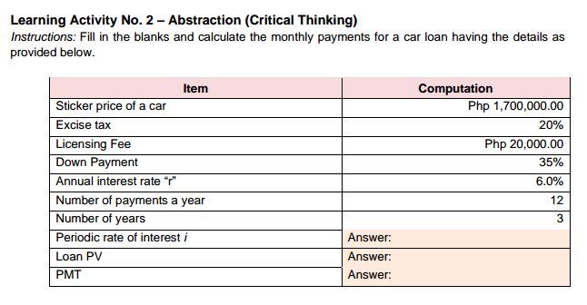 Learning Activity No. 2 – Abstraction (Critical Thinking)
Instructions: Fill in the blanks and calculate the monthly payments for a car loan having the details as
provided below.
Item
Computation
Sticker price of a car
Excise tax
Licensing Fee
Down Payment
Annual interest rate "r"
Number of payments a year
Number of years
Periodic rate of interest i
Php 1,700,000.00
20%
Php 20,000.00
35%
6.0%
12
3
Answer:
Loan PV
Answer:
PMT
Answer:
