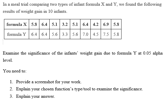 In a meal trial comparing two types of infant formula X and Y, we found the following
results of weight gain in 10 infants.
formula X 5.8 6.4 5.1 3.2 5.1 6.4 4.2 6.9 5.8
formula Y 6.4 6.4 5.6 3.3 5.6 7.0 4.5 7.5 5.8
Examine the significance of the infants' weight gain due to formula Y at 0.05 alpha
level.
You need to:
1. Provide a screenshot for your work.
2. Explain your chosen function's type/tool to examine the significance.
3. Explain your answer.
