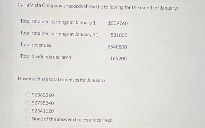 Carla Vista Company's records show the following for the month of January:
Total retained earnings at January 1
Total retained earnings at January 31
Total revenues
Total dividends declared
How much are total expenses for January?
$509760
531000
2548800
165200
$2362360
$2735240
$2341120
None of the answer choices are correct.