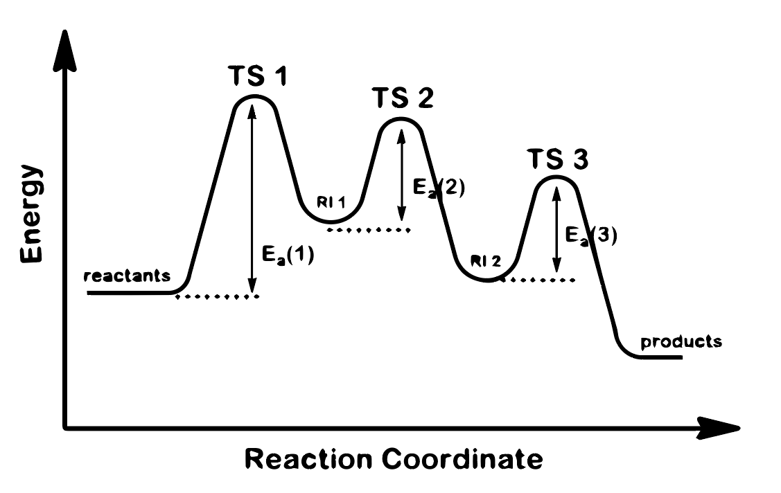 MA
TS 1
TS 2
TS 3
E 2)
RI 1
E3)
E,(1)
RI 2
reactants
products
Reaction Coordinate
