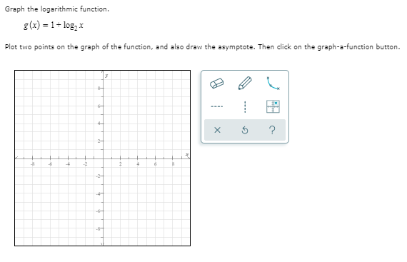 Graph the logarithmic function.
g(x) = 1+ log, x
Plot two points on the graph of the function, and also draw the asymptote. Then click on the graph-a-function button.
?
