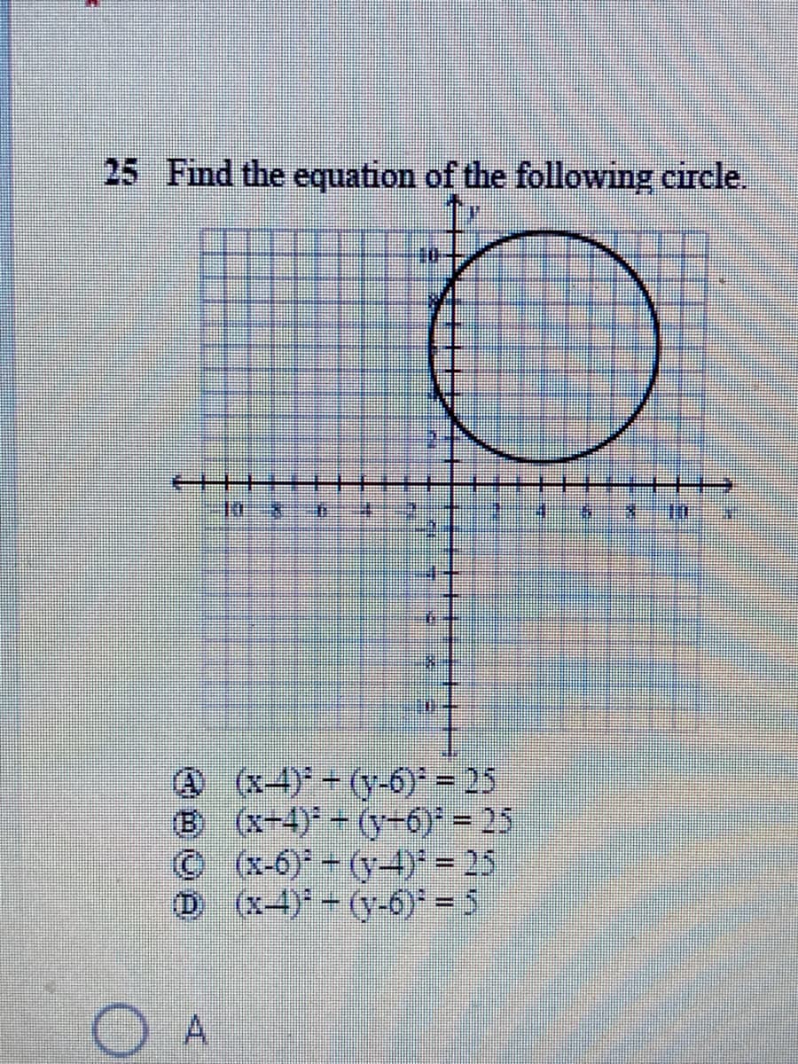 25 Find the equation of the following circle.
十
+++++
@ 64)-(y-6) = 25
B (x-4)+(y-6)* = 25
Cx-6)*-(y-4= 25
D (x4)-(y-6)* = 5
A
