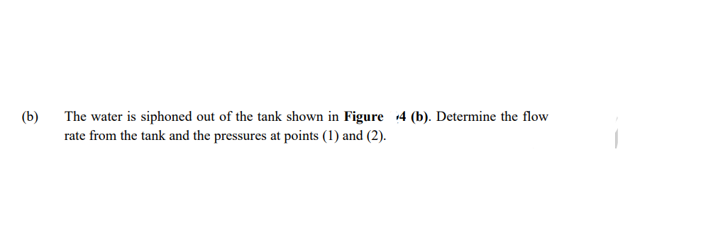 (b)
The water is siphoned out of the tank shown in Figure 4 (b). Determine the flow
rate from the tank and the pressures at points (1) and (2).
