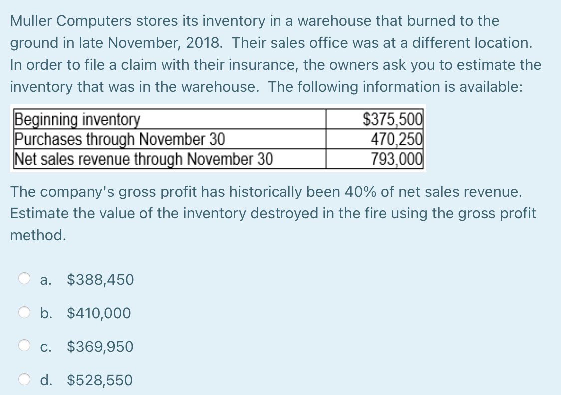 Muller Computers stores its inventory in a warehouse that burned to the
ground in late November, 2018. Their sales office was at a different location.
In order to file a claim with their insurance, the owners ask you to estimate the
inventory that was in the warehouse. The following information is available:
Beginning inventory
Purchases through November 30
Net sales revenue through November 30
$375,500
470,250
793,000
The company's gross profit has historically been 40% of net sales revenue.
Estimate the value of the inventory destroyed in the fire using the gross profit
method.
a. $388,450
b. $410,000
c. $369,950
d. $528,550
