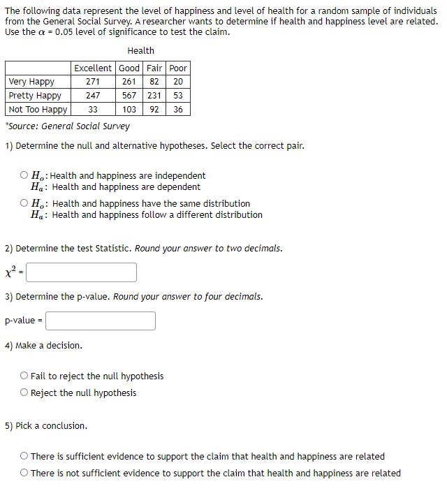 The following data represent the level of happiness and level of health for a random sample of individuals
from the General Social Survey. A researcher wants to determine if health and happiness level are related.
Use the a = 0.05 level of significance to test the claim.
Нealth
Excellent Good Fair Poor
Very Happy
Pretty Happy
Not Too Happy
271
261
82
20
247
567
231
53
33
103
92
36
*Source: General Social Survey
1) Determine the null and alternative hypotheses. Select the correct pair.
H.:Health and happiness are independent
Hạ: Health and happiness are dependent
H,: Health and happiness have the same distribution
Ha: Health and happiness follow a different distribution
2) Determine the test Statistic. Round your answer to two decimals.
3) Determine the p-value. Round your answer to four decimals.
p-value =
4) Make a decision.
O Fail to reject the null hypothesis
O Reject the null hypothesis
5) Pick a conclusion.
There is sufficient evidence to support the claim that health and happiness are related
There is not sufficient evidence to support the claim that health and happiness are related
