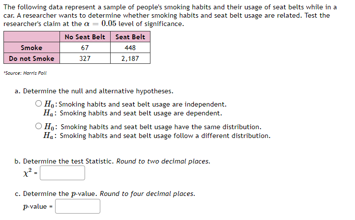 The following data represent a sample of people's smoking habits and their usage of seat belts while in a
car. A researcher wants to determine whether smoking habits and seat belt usage are related. Test the
researcher's clainm at the a = 0.05 level of significance.
No Seat Belt
Seat Belt
Smoke
67
448
Do not Smoke
327
2,187
*Source: Harris Poll
a. Determine the null and alternative hypotheses.
O Ho: Smoking habits and seat belt usage are independent.
Ha: Smoking habits and seat belt usage are dependent.
O Ho: Smoking habits and seat belt usage have the same distribution.
Ha: Smoking habits and seat belt usage follow a different distribution.
b. Determine the test Statistic. Round to two decimal places.
x² -
c. Determine the p-value. Round to four decimal places.
p-value -
