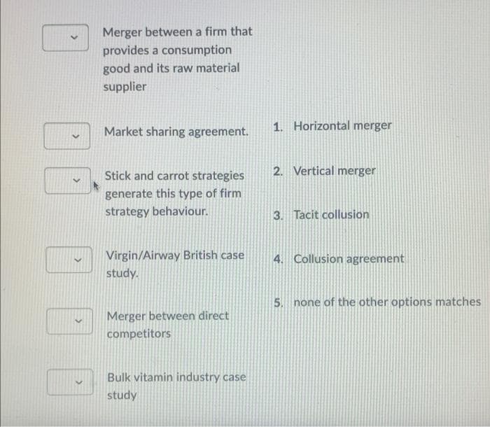 0
Merger between a firm that
provides a consumption
good and its raw material
supplier
Market sharing agreement.
Stick and carrot strategies
generate this type of firm
strategy behaviour.
Virgin/Airway British case
study.
Merger between direct
competitors
Bulk vitamin industry case
study
1. Horizontal merger
2. Vertical merger
3. Tacit collusion
4. Collusion agreement
5. none of the other options matches