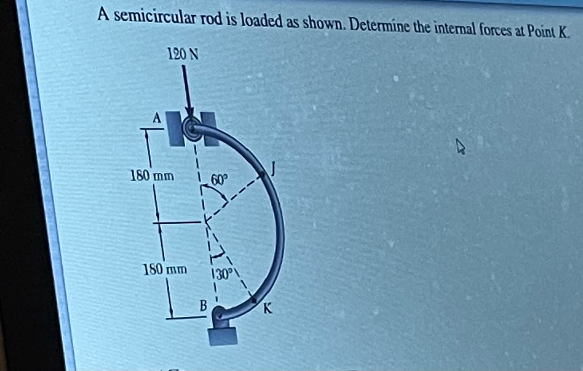 A semicircular rod is loaded as shown. Determine the internal forces at Point K.
120 N
180 mm
60°
180 mm
В
K
