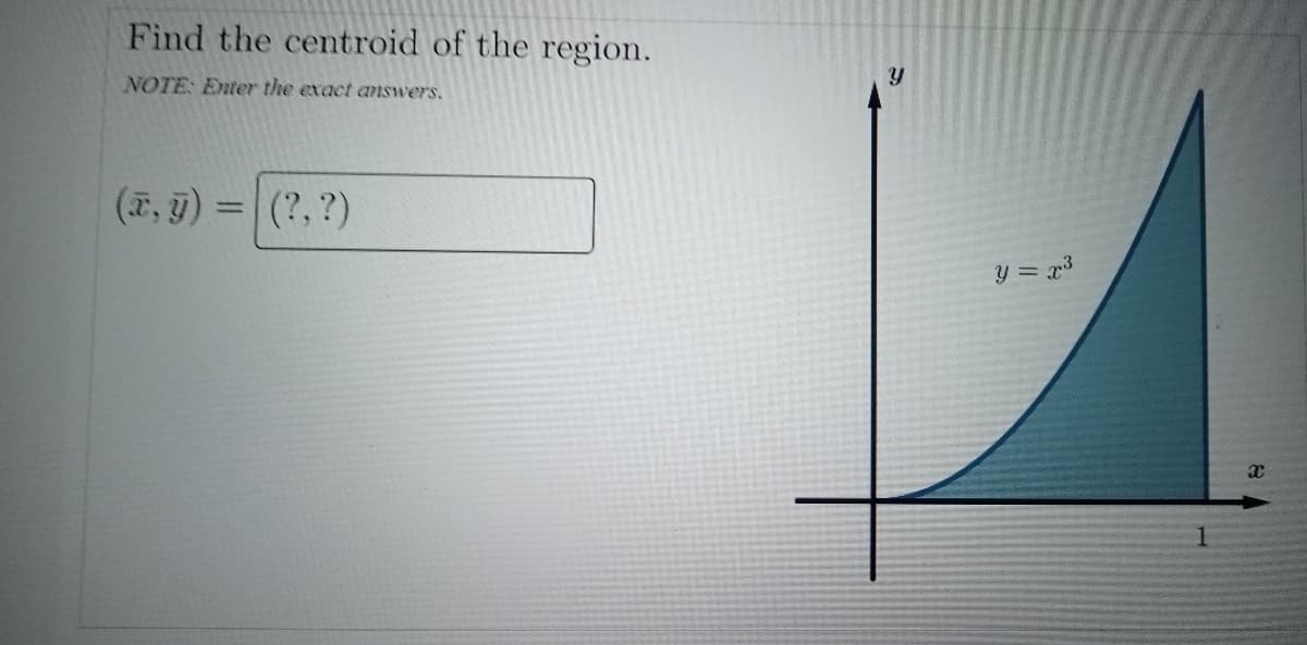 Find the centroid of the region.
NOTE: Enter the exact answers.
(7, 9) = (?, ?)
%3D
y = x3
