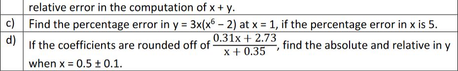 relative error in the computation of x + y.
c) | Find the percentage error in y = 3x(x° – 2) at x = 1, if the percentage error in x is 5.
d)
%3D
.0.31x + 2.73
If the coefficients are rounded off of
find the absolute and relative in y
x + 0.35
when x = 0.5 ± 0.1.
