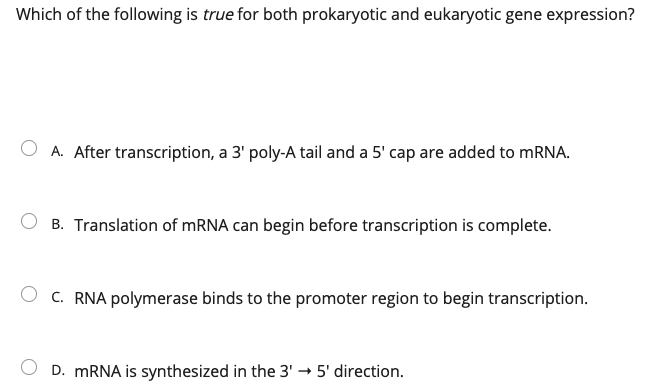 Which of the following is true for both prokaryotic and eukaryotic gene expression?
A. After transcription, a 3' poly-A tail and a 5' cap are added to MRNA.
B. Translation of MRNA can begin before transcription is complete.
C. RNA polymerase binds to the promoter region to begin transcription.
D. MRNA is synthesized in the 3' → 5' direction.
