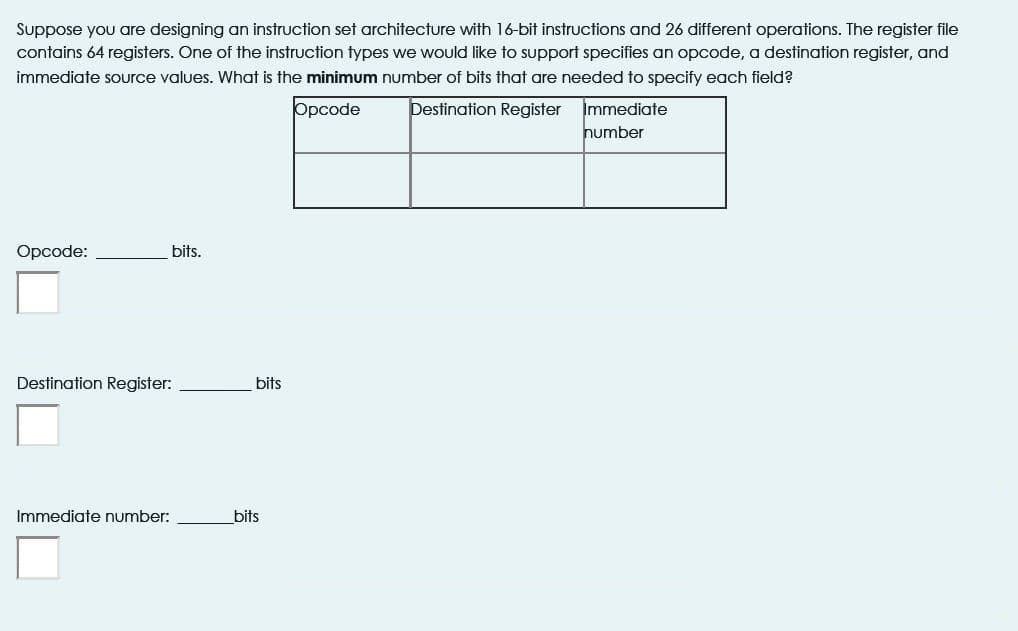 Suppose you are designing an instruction set architecture with 16-bit instructions and 26 different operations. The register file
contains 64 registers. One of the instruction types we would like to support specifies an opcode, a destination register, and
immediate source values. What is the minimum number of bits that are needed to specify each field?
Destination Register
Immediate
number
Opcode
Opcode:
bits.
Destination Register:
bits
Immediate number:
bits
