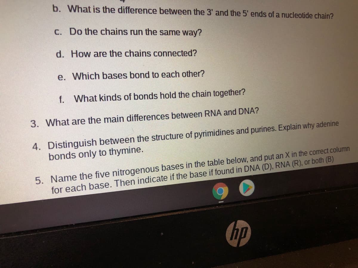 b. What is the difference between the 3' and the 5' ends of a nucleotide chain?
C. Do the chains run the same way?
d. How are the chains connected?
e. Which bases bond to each other?
f. What kinds of bonds hold the chain together?
3. What are the main differences between RNA and DNA?
4. Distinguish between the structure of pyrimidines and purines. Explain why adenine
bonds only to thymine.
5. Name the five nitrogenous bases in the table below, and put an X in the correct column
for each base. Then indicate if the base if found in DNA (D), RNA (R), or both (B)
hp
