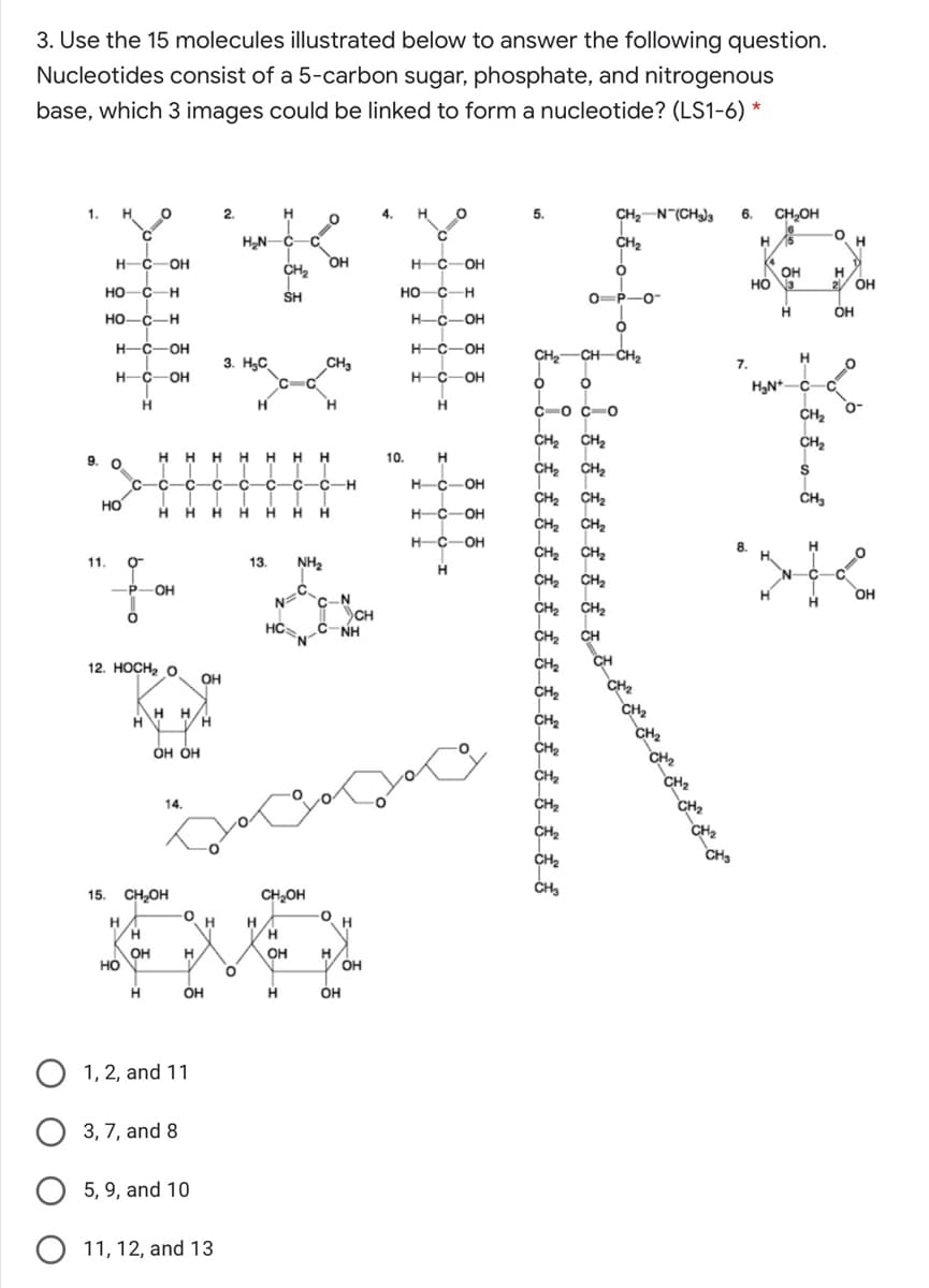 3. Use the 15 molecules illustrated below to answer the following question.
Nucleotides consist of a 5-carbon sugar, phosphate, and nitrogenous
base, which 3 images could be linked to form a nucleotide? (LS1-6) *
1.
H
2.
H
4.
H
5.
CH2-N (CH)3
6.
CH,OH
CH2
H-C-OH
OH
HC-OH
CH2
он
OH
но-с—н
SH
HO-C-H
0-P-0-
Он
HO-C-H
H-C-OH
H-C-OH
H-C-OH
CH2-CH-CH2
H.
3. H3C
CH3
7.
H-C-OH
-OH
HN*
H
C-o Č-o
CH2
CH2
CH2
CH2
H.
H
H.
H.
10.
CH2 CH2
-C-C
-C
C-C
C-H
H-C-OH
CH,
CH2
CH2
но
CH2
H H
H.
H.
H.
H.
H-C-OH
CH2
H-C-OH
CH2
CH2 CH2
CH2
11.
13.
NH2
OH
OH
N c-N
CH
C-NH
H.
CH2
CH2
HC
CH CH
CH
CH2
CH2
CH2
12. НОСН, О
CH2
он
HH
H
Он ОН
CH2
CH2
CH,
CH2
CH,
14.
CH2
15.
CH,OH
CH,OH
H.
он
но
Он
H
H
он
он
Он
1, 2, and 11
3, 7, and 8
5, 9, and 10
О 11, 12, and 13
