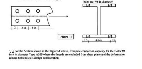 bolts are 7/8-in diameter
O O
O o o
2 lin l-in
Figure -1
10-in
For the Section shown in the Figure-l above, Compute connection capacity for the Bolts 7/8
inch in diameter Type A325 where the threads are excluded from shear plane and the deformation
around bolts holes is design consideration

