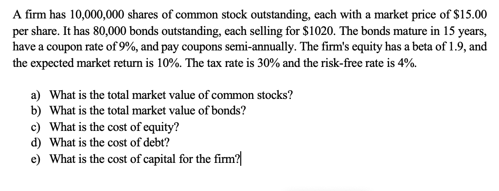 A firm has 10,000,000 shares of common stock outstanding, each with a market price of $15.00
per share. It has 80,000 bonds outstanding, each selling for $1020. The bonds mature in 15 years,
have a coupon rate of 9%, and pay coupons semi-annually. The firm's equity has a beta of 1.9, and
the expected market return is 10%. The tax rate is 30% and the risk-free rate is 4%.
a) What is the total market value of common stocks?
b) What is the total market value of bonds?
c) What is the cost of equity?
d) What is the cost of debt?
e) What is the cost of capital for the firm?

