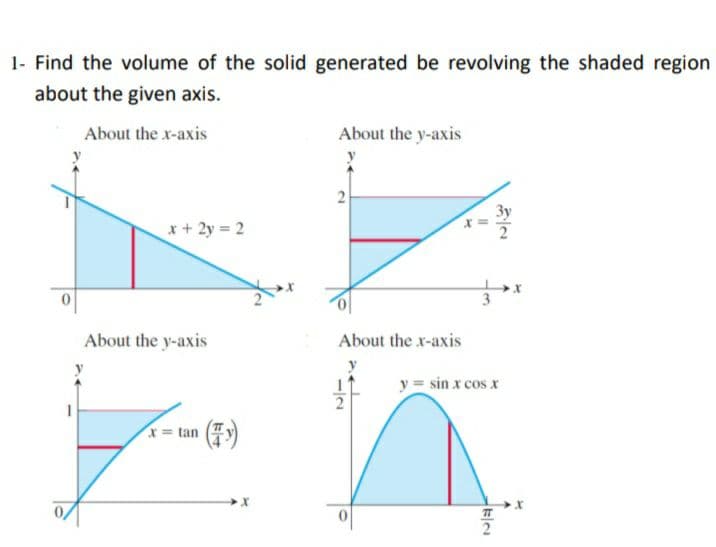 1- Find the volume of the solid generated be revolving the shaded region
about the given axis.
About the x-axis
About the y-axis
Зу
*+ 2y 2
of
About the y-axis
About the x-axis
y = sin x cos x
소= tan (품)
2.
-/2
