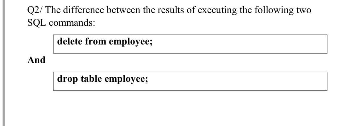 Q2/ The difference between the results of executing the following two
SQL commands:
delete from employee;
And
drop table employee;
