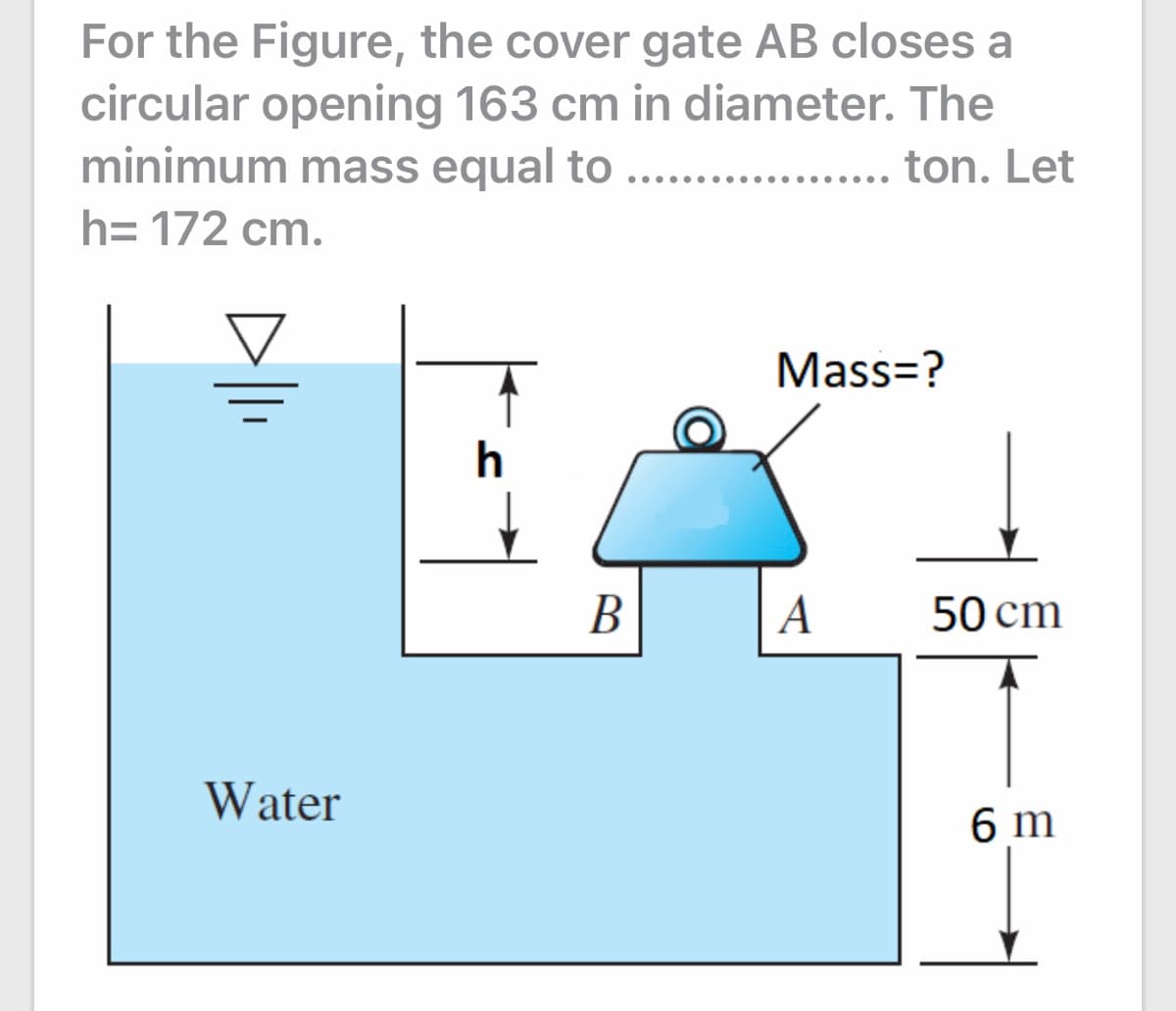For the Figure, the cover gate AB closes a
circular opening 163 cm in diameter. The
minimum mass equal to ...
.... ton. Let
.......
h= 172 cm.
Mass=?
h
В
A
50 cm
Water
6 m
