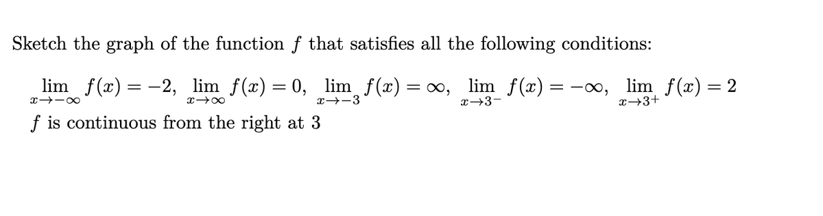 Sketch the graph of the function f that satisfies all the following conditions:
lim f(x) = -2, lim f(x) = 0, lim f(x)
lim f(x) :
= -0, lim f(x) = 2
x→3+
= ,
%3D
x→-3
x→3-
f is continuous from the right at 3
