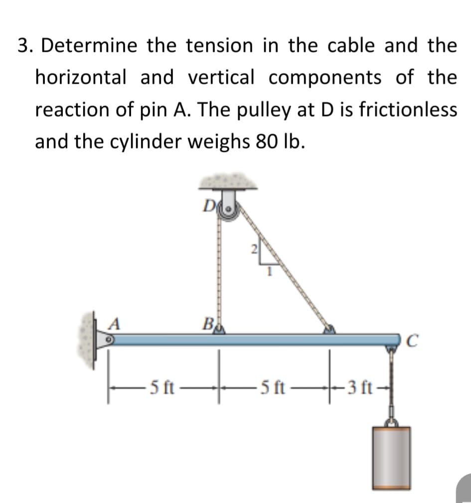 3. Determine the tension in the cable and the
horizontal and vertical components of the
reaction of pin A. The pulley at D is frictionless
and the cylinder weighs 80 lb.
-5 ft
D
B
14
-5 ft-
-3 ft
C
