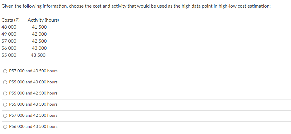 Given the following information, choose the cost and activity that would be used as the high data point in high-low cost estimation:
Costs (P)
Activity (hours)
48 000
41 500
49 000
42 000
57 000
42 500
56 000
43 000
55 000
43 500
O P57 000 and 43 500 hours
O P55 000 and 43 000 hours
O P55 000 and 42 500 hours
O P55 000 and 43 500 hours
O P57 000 and 42 500 hours
O P56 000 and 43 500 hours
