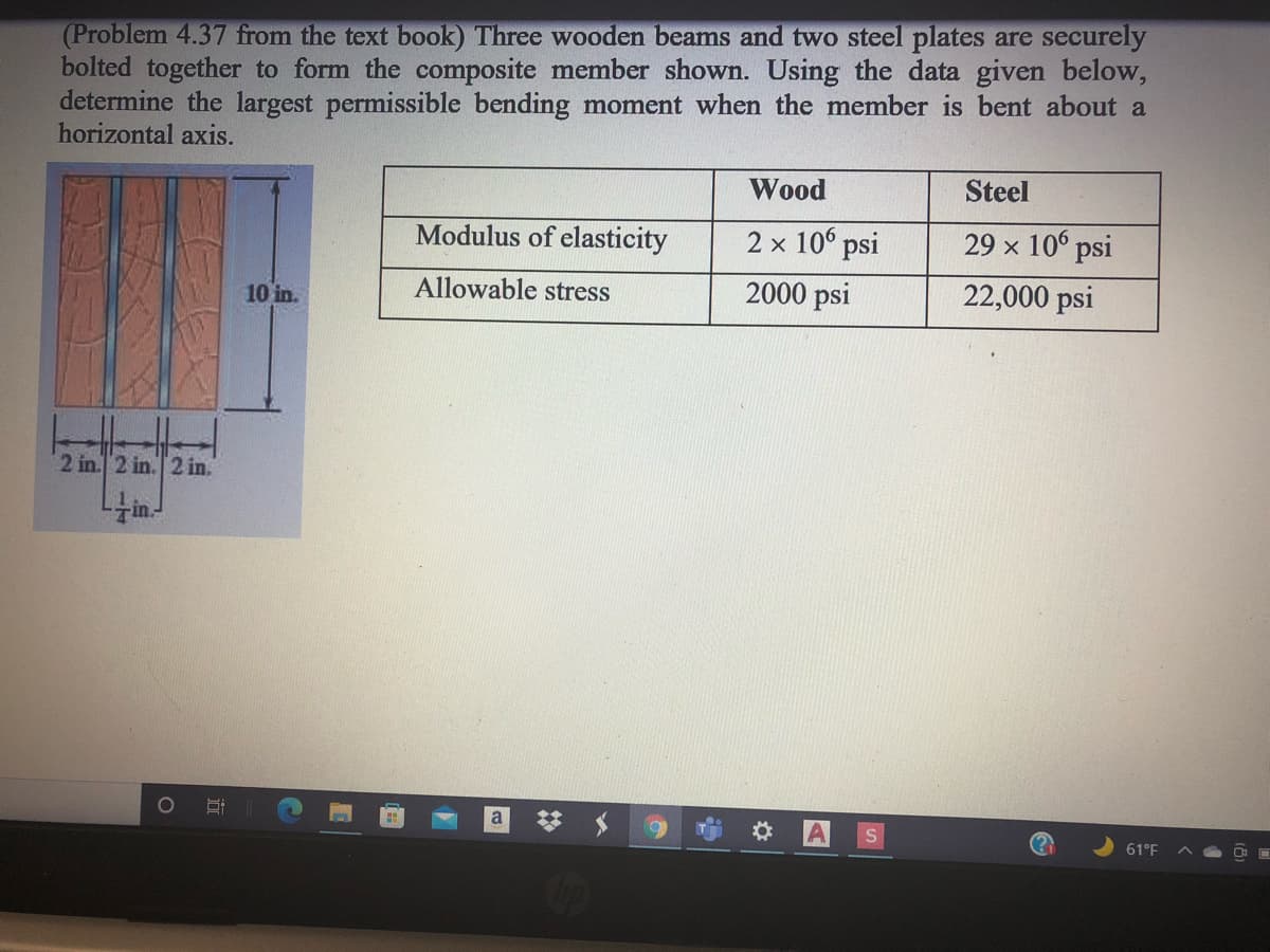 (Problem 4.37 from the text book) Three wooden beams and two steel plates are securely
bolted together to form the composite member shown. Using the data given below,
determine the largest permissible bending moment when the member is bent about a
horizontal axis.
Wood
Steel
Modulus of elasticity
2 x 10 psi
29 x 106 psi
10 in.
Allowable stress
2000 psi
22,000 psi
2 in.2 in.2 in.
a
61°F
立
217
