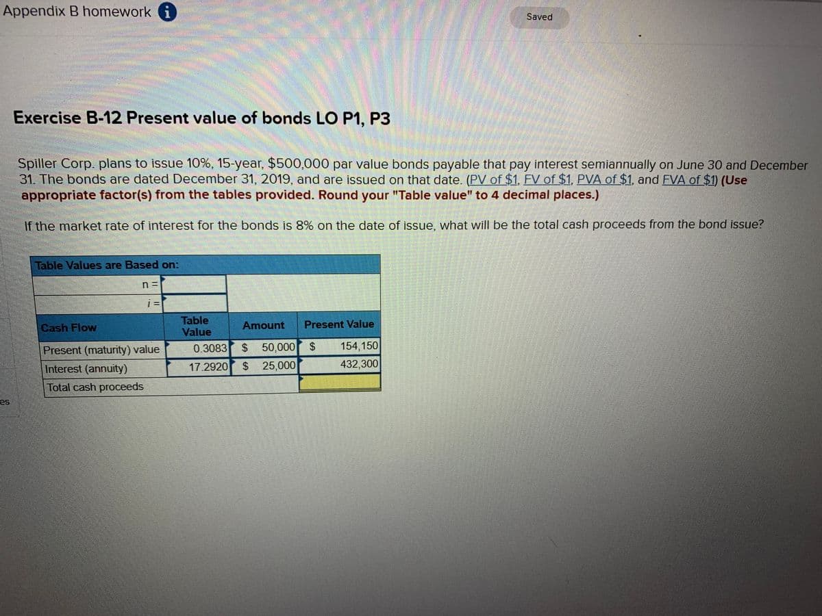 Appendix B homework i
Saved
Exercise B-12 Present value of bonds LO P1, P3
Spiller Corp. plans to issue 10%, 15-year, $500,000 par value bonds payable that pay interest semiannually on June 30 and December
31. The bonds are dated December 31, 2019, and are issued on that date. (PV of $1, FV of $1, PVA of $1, and FVA of $1) (Use
appropriate factor(s) from the tables provided. Round your "Table value" to 4 decimal places.)
If the market rate of interest for the bonds is 8% on the date of issue, what will be the total cash proceeds from the bond issue?
Table Values are Based on:
%3D
Table
Value
Cash Flow
Amount
Present Value
Present (maturity) value
0.3083
%24
$ 50,000
154,150
Interest (annuity)
%24
25,000
432,300
17.2920
Total cash proceeds
es
