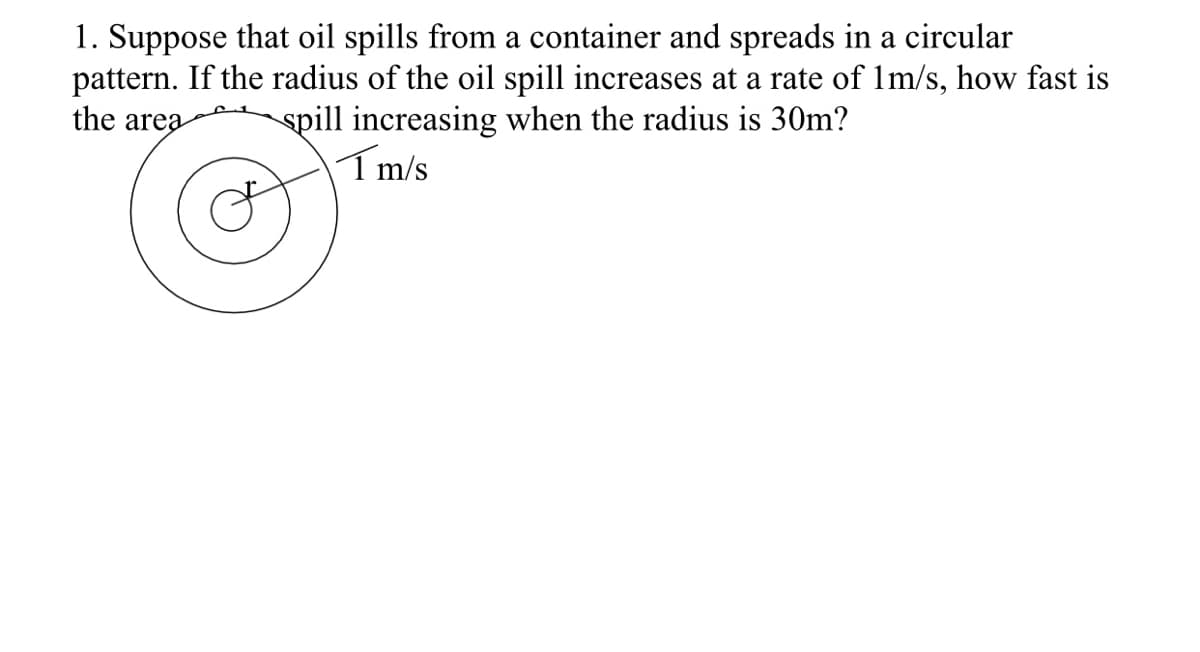 1. Suppose that oil spills from a container and spreads in a circular
pattern. If the radius of the oil spill increases at a rate of 1m/s, how fast is
the area
spill increasing when the radius is 30m?
ITm/s
