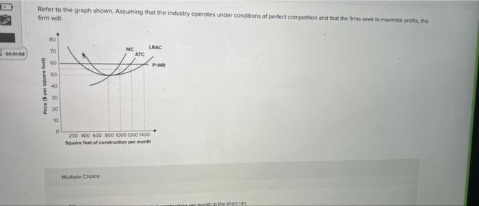 00stse
Refer to the graph shown. Assuming that the industry operates under conditions of perfect competition and that the firms seek to maximize profits, this
firm will
LRAC
MC
mooth in the short run
Price ($ per square foot)
22839229
8 8 8 8 8 8 8 8
50
40
20
ATC
200 400 600 800 1000 1200 1400
Square feet of construction per month
Multiple Choice
P-MR
