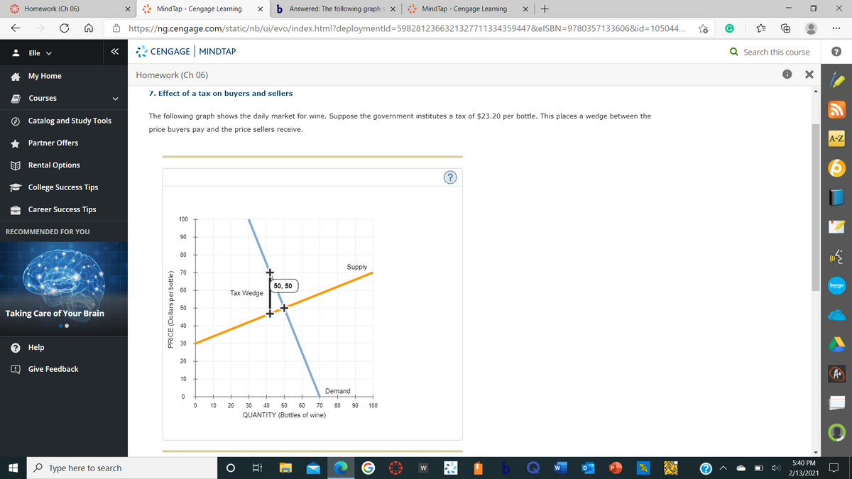 A Homework (Ch 06)
* MindTap - Cengage Learning
b Answered: The following graph s X
* MindTap - Cengage Learning
+
8 https://ng.cengage.com/static/nb/ui/evo/index.html?deploymentld=5982812366321327711334359447&elSBN=9780357133606&id=105044...
Elle v
CENGAGE MINDTAP
Q Search this course
A My Home
Homework (Ch 06)
7. Effect of a tax on buyers and sellers
Courses
The following graph shows the daily market for wine. Suppose the government institutes a tax of $23.20 per bottle. This places a wedge between the
O Catalog and Study Tools
price buyers pay and the price sellers receive.
A-Z
Partner Offers
EE Rental Options
College Success Tips
Career Success Tips
100
RECOMMENDED FOR YOU
90
80
Supply
70
50, 50
bongo
60
Tax Wedge
50
Taking Care of Your Brain
40
30
Help
20
Give Feedback
10
Demand
10
20
30
40
50
60
70
80
90
100
QUANTITY (Bottles of wine)
5:40 PM
O Type here to search
W
2/13/2021
PRICE (Dollars per bottle)
